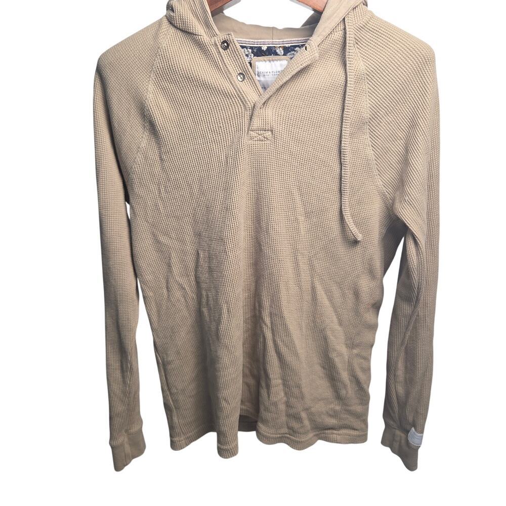 Denim & Flower Ricky Singh Tan Beige Waffle Knit Pullover Henley Hoodie Size M